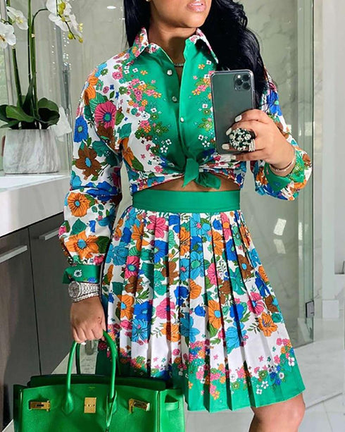 Floral / Paisley Scarf Print Button Design Top & Pleated Skirt Set